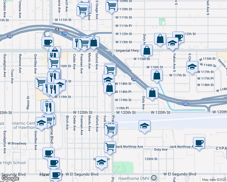 map of restaurants, bars, coffee shops, grocery stores, and more near 11893 Prairie Avenue in Hawthorne