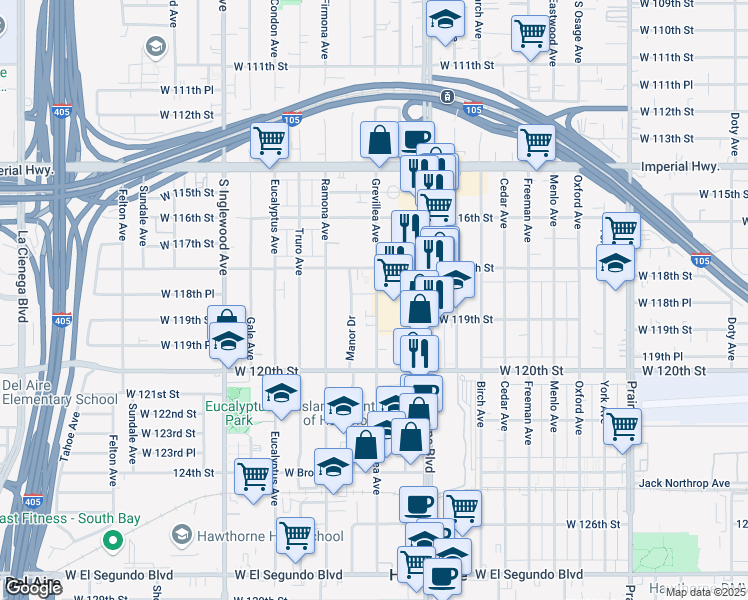 map of restaurants, bars, coffee shops, grocery stores, and more near 11924 Grevillea Avenue in Hawthorne