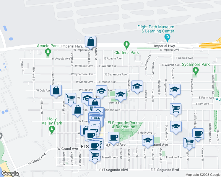 map of restaurants, bars, coffee shops, grocery stores, and more near 203 East Oak Avenue in El Segundo