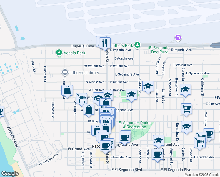 map of restaurants, bars, coffee shops, grocery stores, and more near 711 Main Street in El Segundo