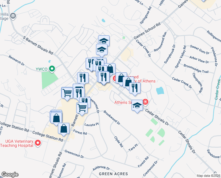 map of restaurants, bars, coffee shops, grocery stores, and more near 110 Viking Court in Athens