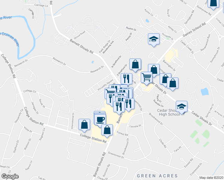 map of restaurants, bars, coffee shops, grocery stores, and more near 1860 South Barnett Shoals Road in Athens