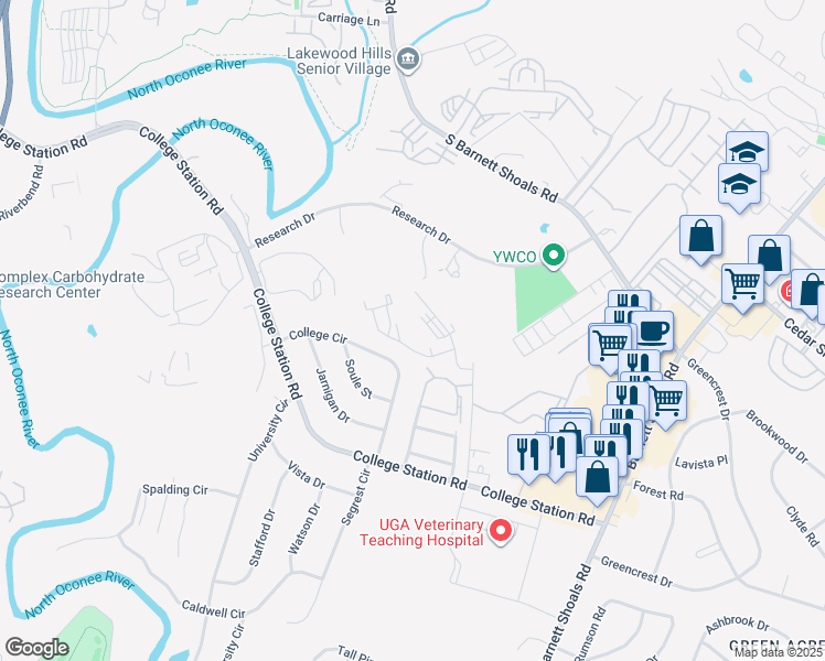 map of restaurants, bars, coffee shops, grocery stores, and more near 341 College Circle in Athens
