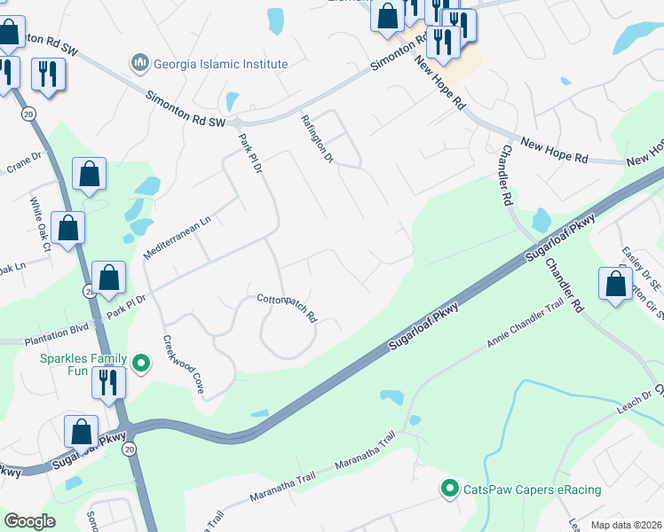map of restaurants, bars, coffee shops, grocery stores, and more near 76 Stone Wood Lane in Lawrenceville