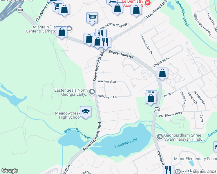map of restaurants, bars, coffee shops, grocery stores, and more near 4401 Tressle Court in Norcross