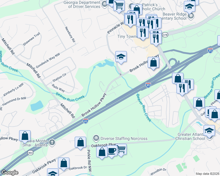 map of restaurants, bars, coffee shops, grocery stores, and more near 5343 Langston Way in Norcross