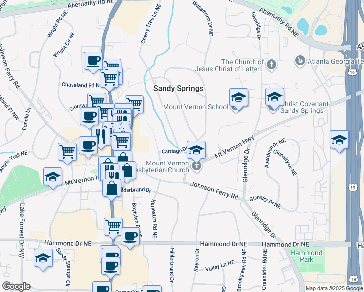 map of restaurants, bars, coffee shops, grocery stores, and more near 411 Carriage Drive Northeast in Atlanta