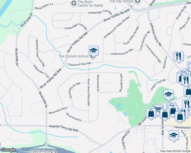 map of restaurants, bars, coffee shops, grocery stores, and more near 6245 River Shore Parkway Northwest in Atlanta
