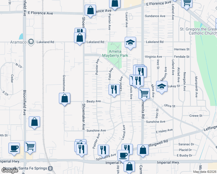 map of restaurants, bars, coffee shops, grocery stores, and more near 11607 Fidel Avenue in Whittier
