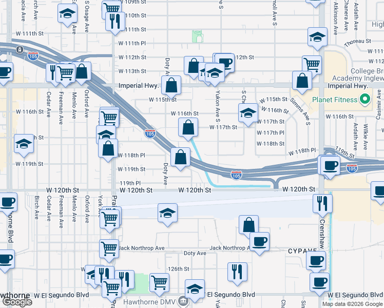 map of restaurants, bars, coffee shops, grocery stores, and more near 3748 West 118th Street in Hawthorne