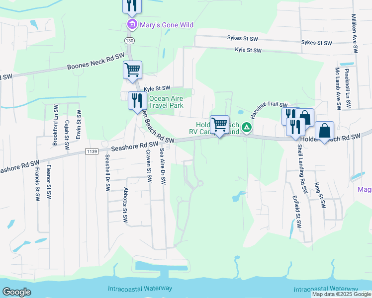 map of restaurants, bars, coffee shops, grocery stores, and more near 2745 Holden Beach Road Southwest in Brunswick County