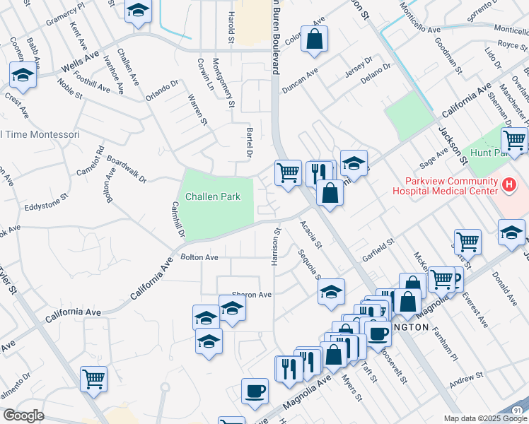 map of restaurants, bars, coffee shops, grocery stores, and more near 9775 Edenbrook Drive in Riverside