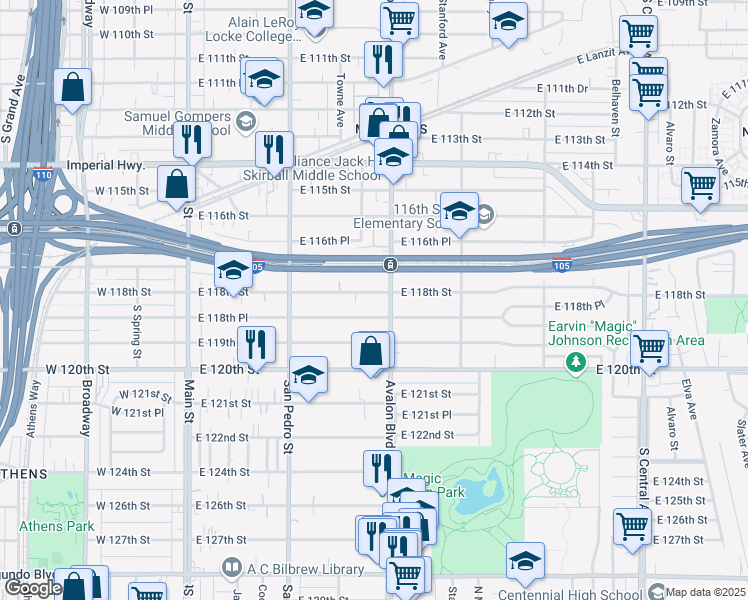 map of restaurants, bars, coffee shops, grocery stores, and more near 442 East 118th Street in Los Angeles