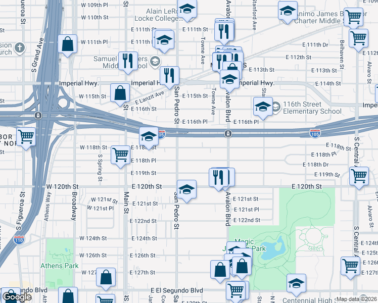 map of restaurants, bars, coffee shops, grocery stores, and more near 326 East 118th Street in Los Angeles