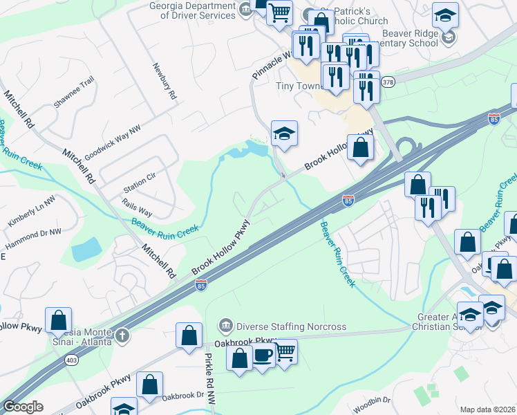 map of restaurants, bars, coffee shops, grocery stores, and more near 5343 Langston Way in Norcross
