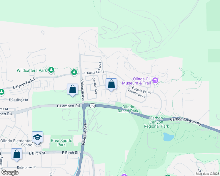 map of restaurants, bars, coffee shops, grocery stores, and more near 447 Blue Jay Drive in Brea