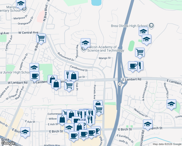 map of restaurants, bars, coffee shops, grocery stores, and more near 511 Balsa Avenue in Brea