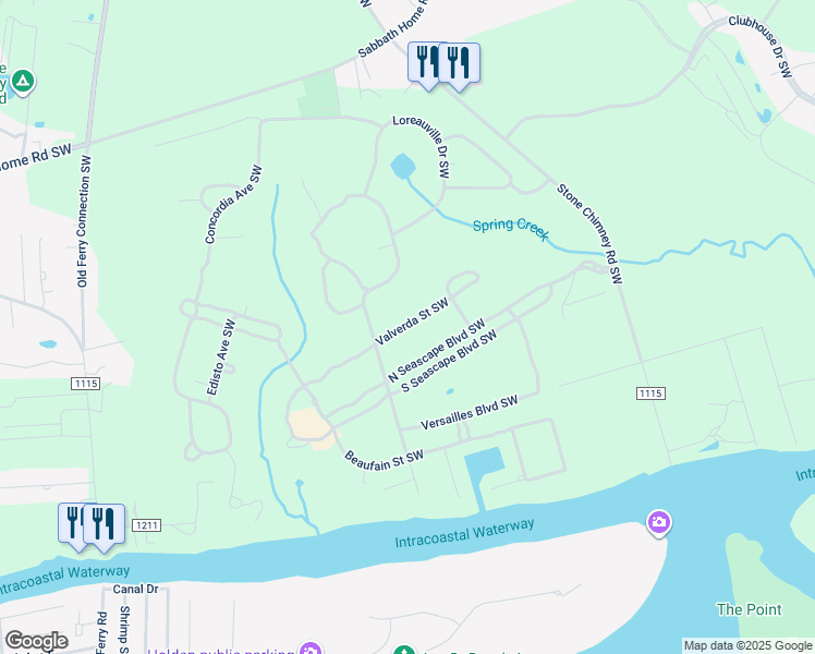 map of restaurants, bars, coffee shops, grocery stores, and more near 627 Valverda Street Southwest in Brunswick County