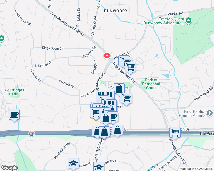 map of restaurants, bars, coffee shops, grocery stores, and more near 4549 Chamblee Dunwoody Road in Dunwoody