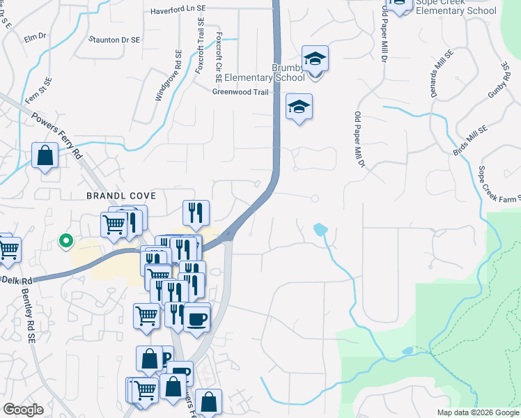 map of restaurants, bars, coffee shops, grocery stores, and more near 1057 Della Street Southeast in Marietta