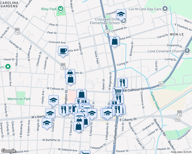 map of restaurants, bars, coffee shops, grocery stores, and more near 319 North Main Street in Sumter
