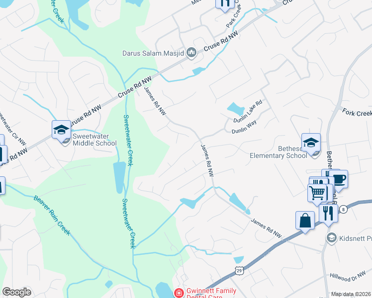map of restaurants, bars, coffee shops, grocery stores, and more near 3245 Paces Landing Drive in Lawrenceville