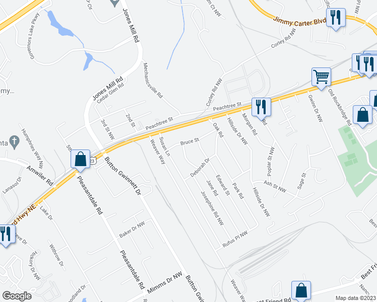 map of restaurants, bars, coffee shops, grocery stores, and more near 6279 Jane Road Northwest in Atlanta
