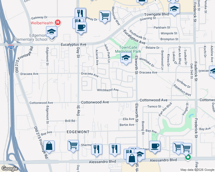 map of restaurants, bars, coffee shops, grocery stores, and more near 13372 Hickory Way in Moreno Valley