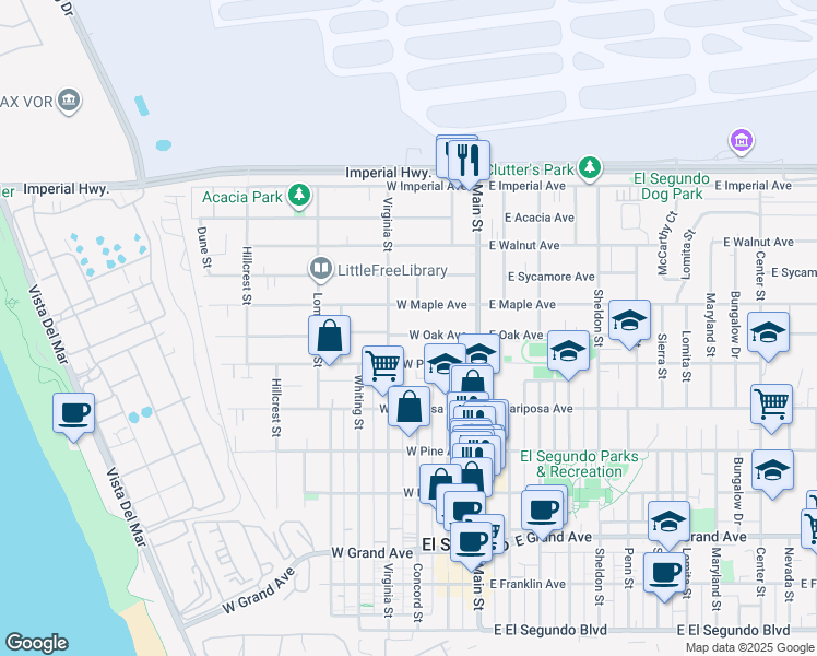 map of restaurants, bars, coffee shops, grocery stores, and more near 311 West Oak Avenue in El Segundo
