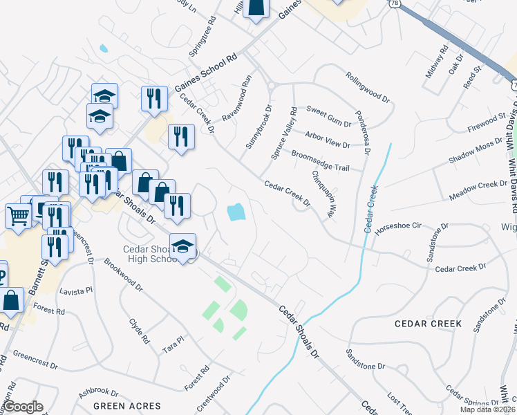 map of restaurants, bars, coffee shops, grocery stores, and more near 135 Spring Lake Drive in Athens