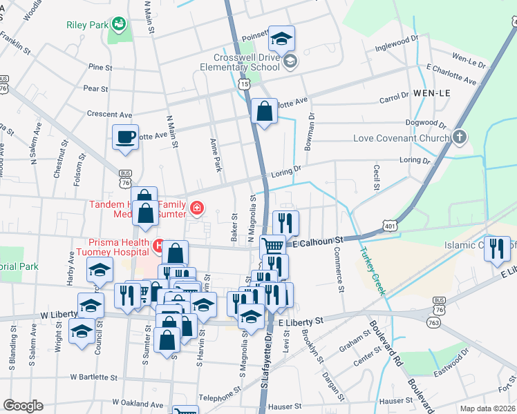 map of restaurants, bars, coffee shops, grocery stores, and more near 329 North Magnolia Street in Sumter