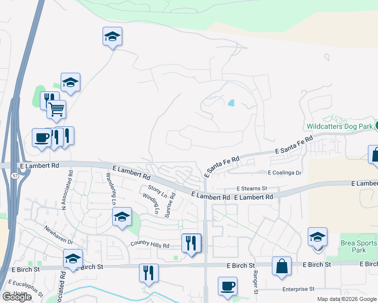 map of restaurants, bars, coffee shops, grocery stores, and more near 2488 East Kern River Lane in Brea
