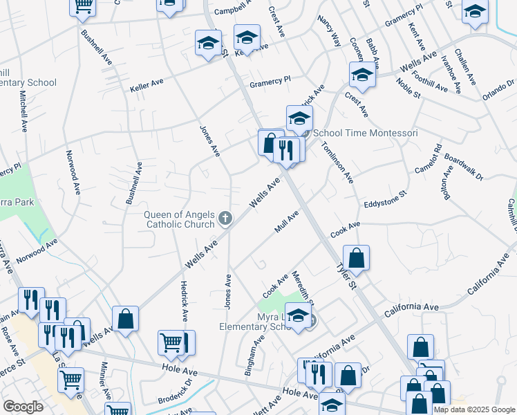 map of restaurants, bars, coffee shops, grocery stores, and more near 10356 Wells Avenue in Riverside
