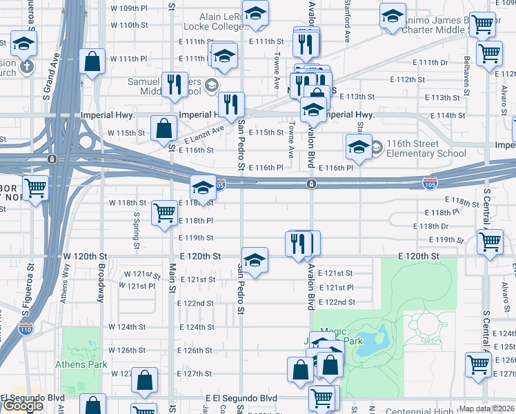 map of restaurants, bars, coffee shops, grocery stores, and more near 326 East 118th Street in Los Angeles