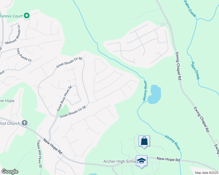 map of restaurants, bars, coffee shops, grocery stores, and more near 2048 Alcovy Shoals Bluff Southeast in Lawrenceville