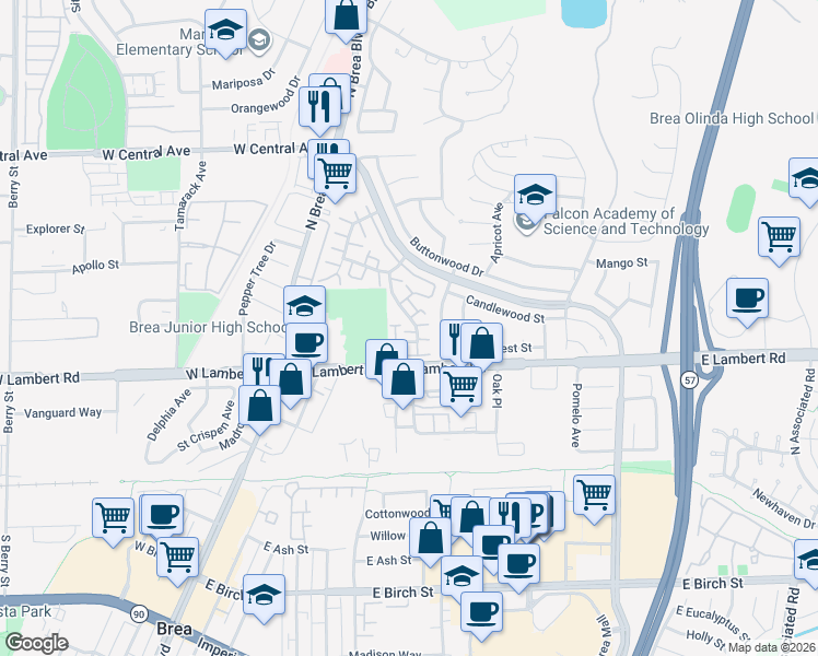 map of restaurants, bars, coffee shops, grocery stores, and more near 329 Surry Court in Brea