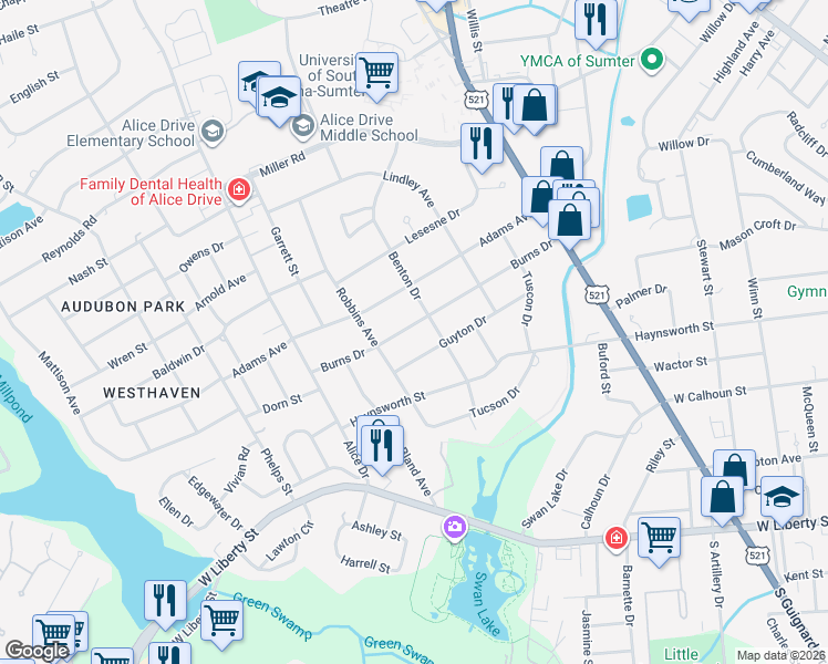 map of restaurants, bars, coffee shops, grocery stores, and more near 230 Burns Drive in Sumter