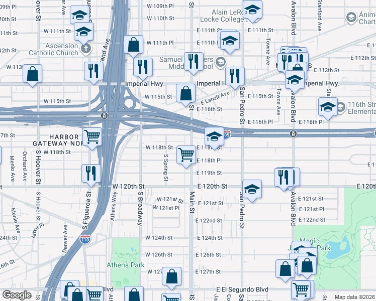 map of restaurants, bars, coffee shops, grocery stores, and more near 11805 Main Street in Los Angeles