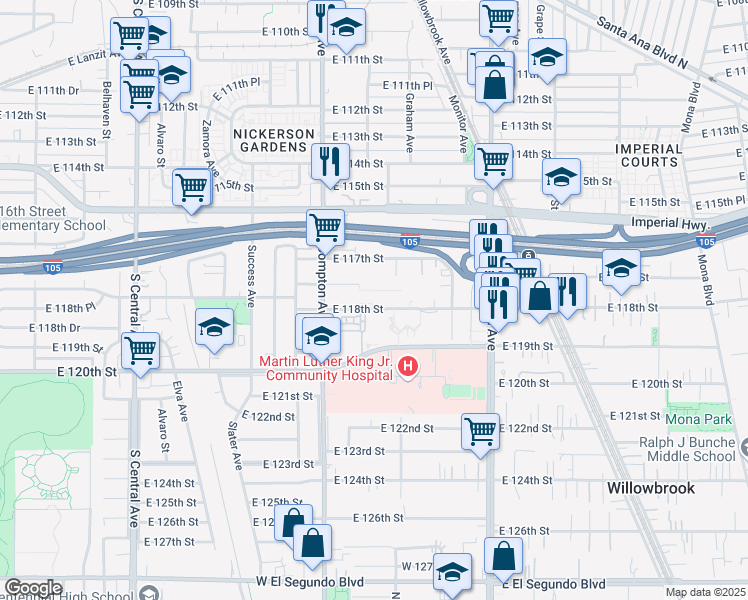 map of restaurants, bars, coffee shops, grocery stores, and more near 1667 East 118th Street in Los Angeles