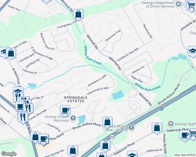 map of restaurants, bars, coffee shops, grocery stores, and more near 5693 Kimberly Lane Northwest in Norcross
