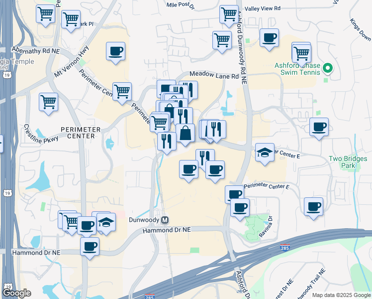 map of restaurants, bars, coffee shops, grocery stores, and more near 120 Perimeter Center West in Atlanta