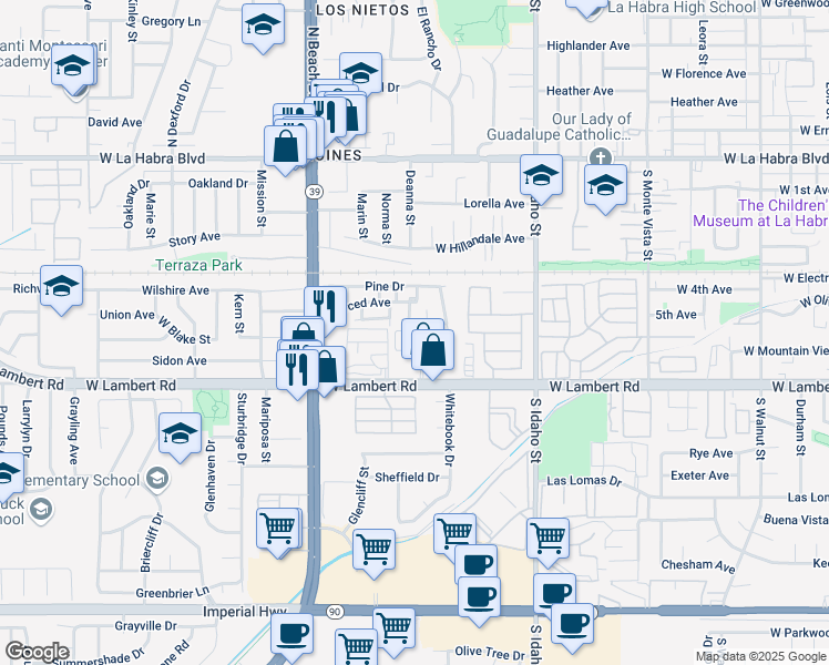 map of restaurants, bars, coffee shops, grocery stores, and more near 1665 West Lambert Road in La Habra