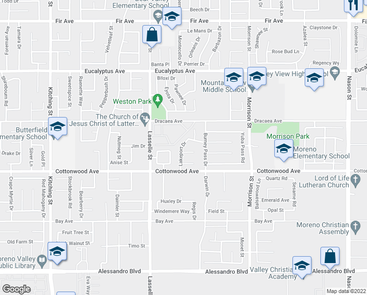 map of restaurants, bars, coffee shops, grocery stores, and more near 13360 Lakeport Drive in Moreno Valley