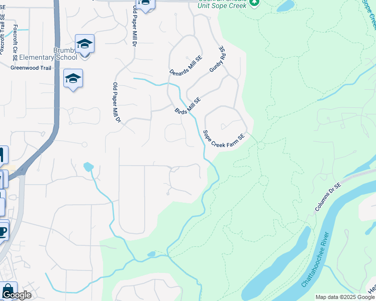 map of restaurants, bars, coffee shops, grocery stores, and more near 341 Lands Mill Southeast in Marietta