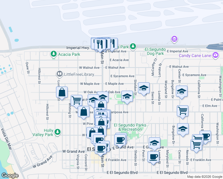 map of restaurants, bars, coffee shops, grocery stores, and more near 203 East Oak Avenue in El Segundo