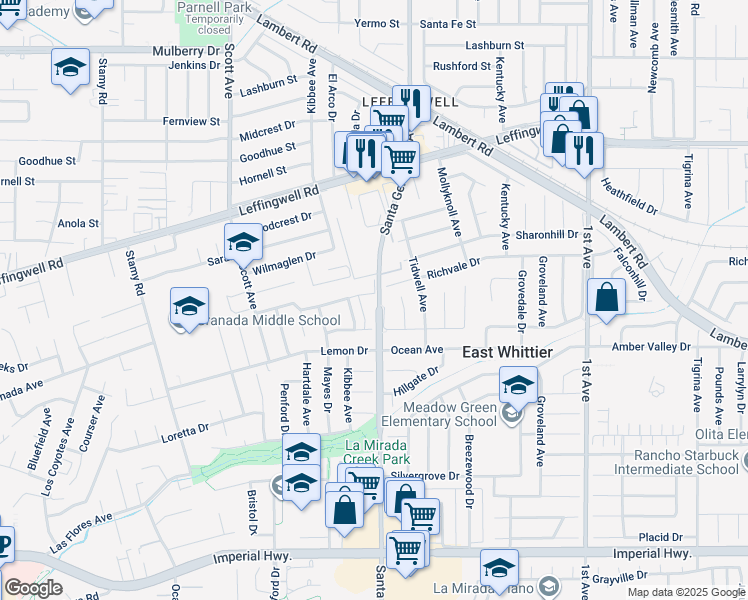map of restaurants, bars, coffee shops, grocery stores, and more near 15670 Richvale Drive in Whittier