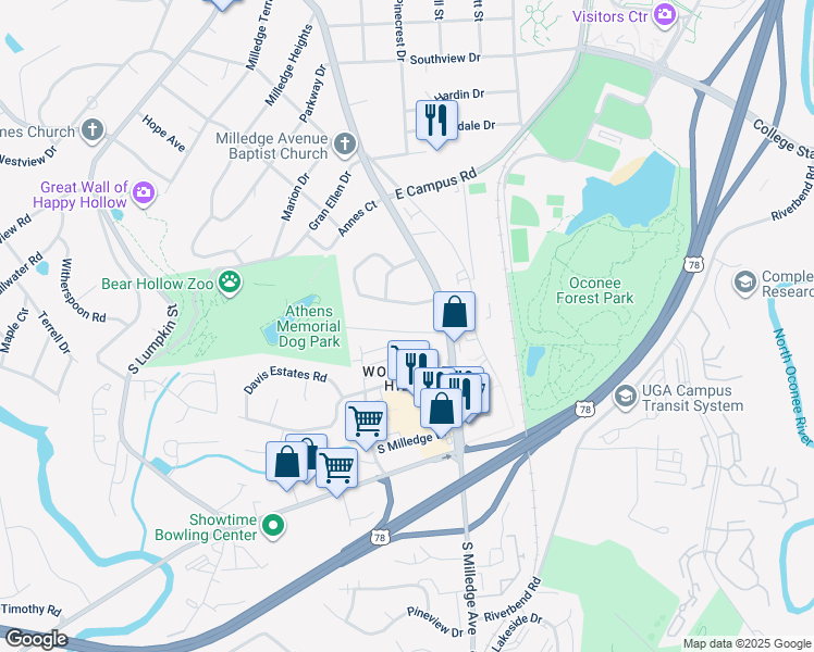 map of restaurants, bars, coffee shops, grocery stores, and more near 529 Woodland Hills Drive in Athens