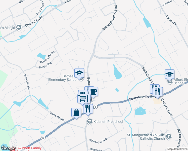 map of restaurants, bars, coffee shops, grocery stores, and more near 2897 Saddletop Way Northwest in Lawrenceville