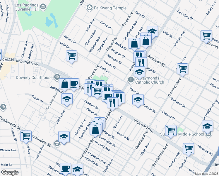 map of restaurants, bars, coffee shops, grocery stores, and more near 7923 Leeds Street in Downey