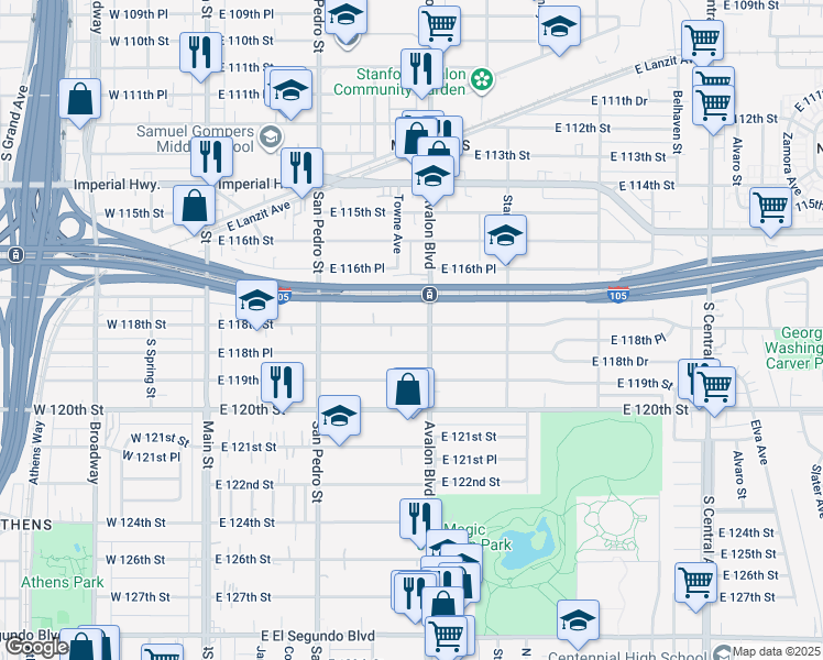 map of restaurants, bars, coffee shops, grocery stores, and more near 442 East 118th Street in Los Angeles